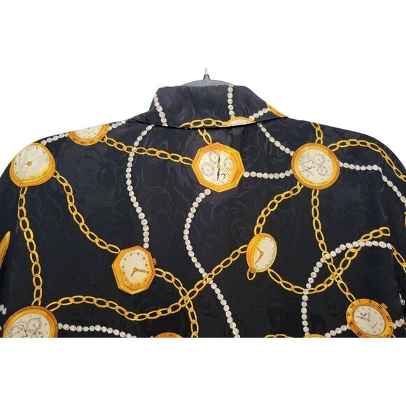 Vintage MAGGY LONDON Silk Blouse Gold Chain Pocket Watch Print - Picture 8 of 11